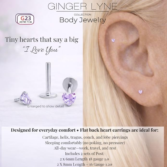 Titanium Heart CZ Labret Stud Earrings for Piercings by Ginger Lyne 6Pc Set G23 Screw Front Flat Back Body Jewelry 2 pair post 6mm, 8mm Cartilage, Helix, Tragus, Lip, Conch, Lobe