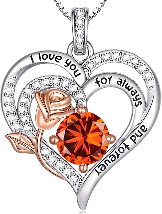 Birthstone Heart Necklaces for Women 925 Sterling Silver Fine Jewelry Rose Pendant Necklace Anniversary Birthday Mothers Day Gifts Her Wife Women Mom Daughter