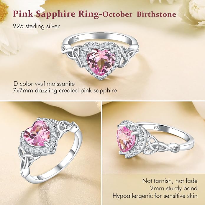 DAYBYDAY Celtic Birthstone Rings for Women 925 Sterling Silver Heart/Round/Pear/Oval Created Gemstone Moissanite Halo Engagement Promise Rings for Her Wife Birthday Anniversary Wedding Jewelry
