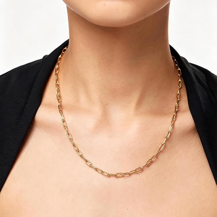 NOKMIT 14K Gold Filled Paperclip Necklace for Women Men, 3mm/4mm/5mm Rectangular Paper Clip Link Chain, 16-24 Inches, Hypoallergenic, Non-Tarnish, Dainty Unisex Jewelry, Cadenas de Oro 14K para Mujer