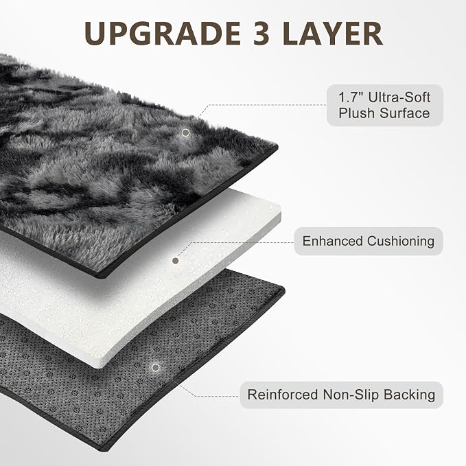 Large Shaggy 6x9 Area Rugs for Living Room Decor, Non-Slip Tie-Dyed Rugs for Bedroom Kids Playroom Dorm Room, High Pile Ultra Soft Carpet, Dark Grey