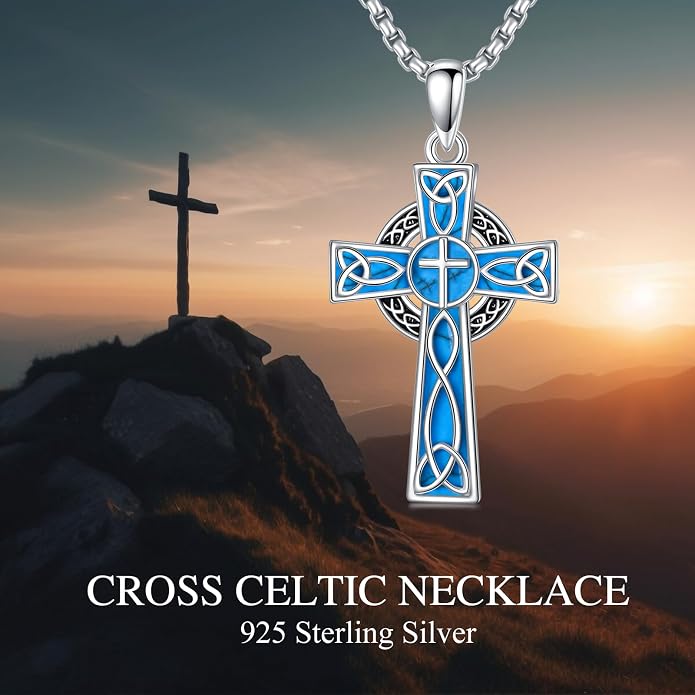 HPQQ Cross Necklace 925 Sterling Silver Turquoise Tree of Life Celtic Knot Cross Pendant Jewelry Mother's Day Gifts for Women