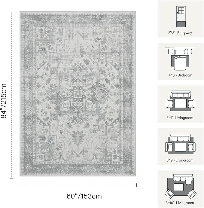 Rugxara 5X7 Washable Area Rug for Living Room, Neutral Vintage Large Boho Rugs for Office, Dining Room, Kids Room, Farmhouse, Durable Low Pile Non Slip Carpet for High Traffic Areas, Light Grey