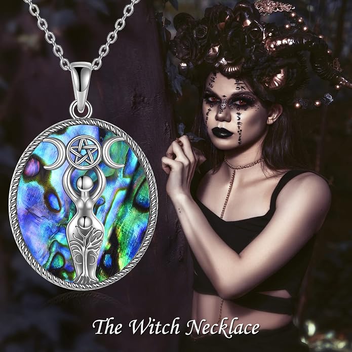 YFN Triple Moon Goddess Necklace Sterling Silver Pentagram Pentacle Opal Pendant necklace Pagan Wiccan Magic Amulet Tree of Life Jewelry for Women Men 18"