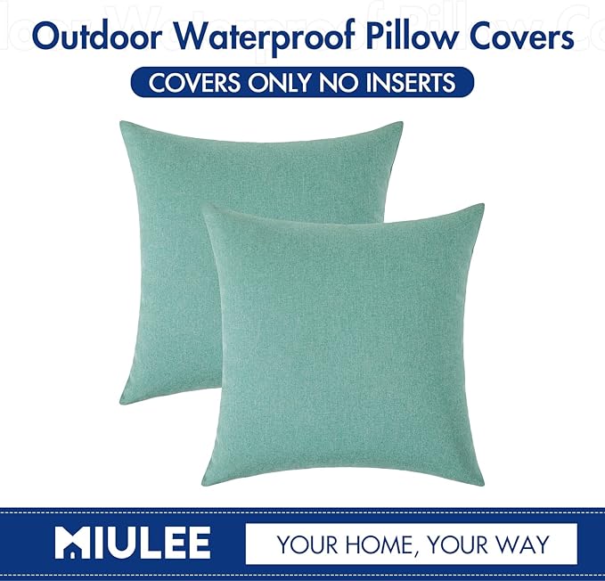 MIULEE Pack of 2 Decorative Outdoor Solid Waterproof Throw Pillow Covers Spring Faux Linen Garden Farmhouse Cushion Cases for Summer Patio Tent Balcony Couch Sofa 18x18 Inch Teal