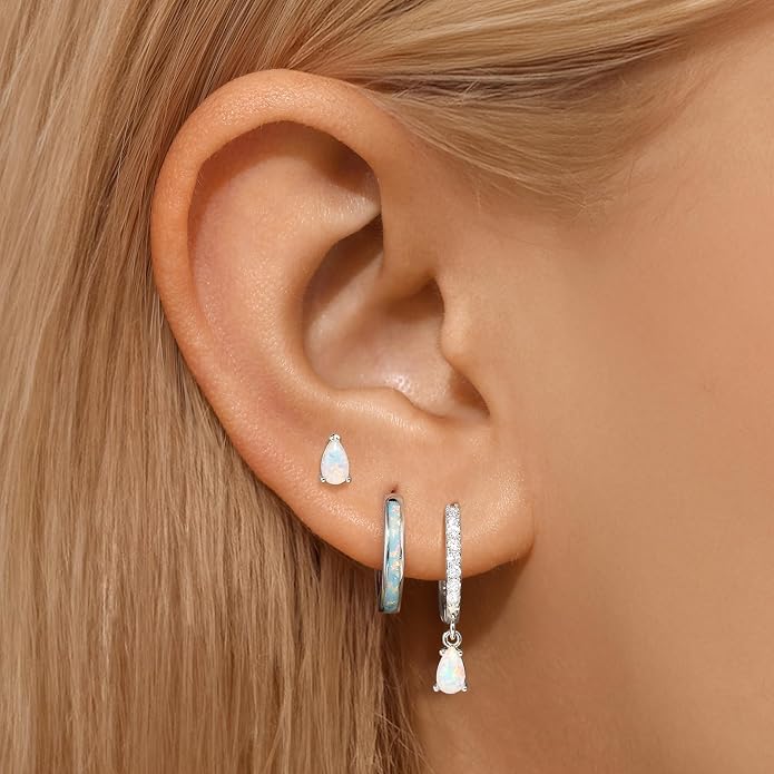 Opal Earrings Set for Women, Birthday Gift for Her, Sterling Silver | 14K Gold Plated, Hypoallergenic S925 Opal Hoop Stud Earrings for Women with Sensitive Ears, Dainty earring Stacks—Trendy Opals Jewelry 2026