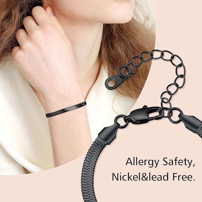 FindChic Elegant Herringbone Snake Chain Anklets/Bracelets 3MM/5MM Width Stainless Steel/18K Gold/Rose Gold Plated/Black 4 Color Options, 8.3'' 8.5'' 10.5'' Length, with Gift Box
