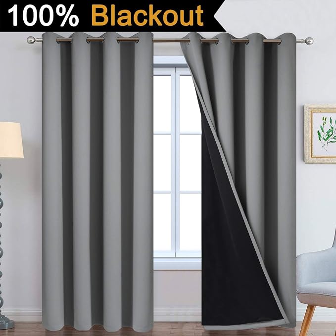 Yakamok Grey Blackout Curtains 96 Inches Long for Bedroom 52" Wide 2 Pcs | Blackout Curtain Panels for Bedroom, 2 Thick Layers Grommet Top Thermal Insulated Drapes with Black Liner for Living Room