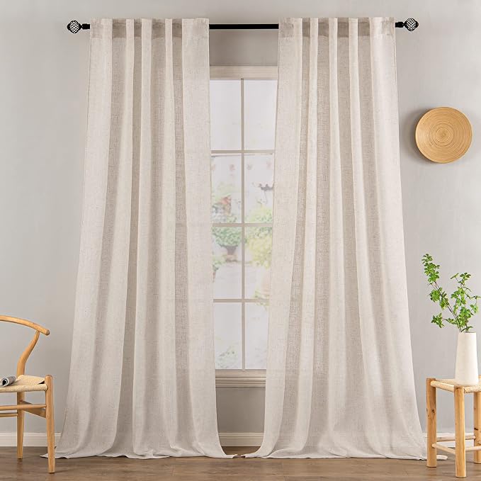 MIULEE Natural White Linen Curtains 105 Inch Length 2 Panels for Bedroom Living Room, Soft Thick Linen Textured Window Drapes Semi Sheer Light Filtering Back Tab Rod Pocket Burlap Look Decor