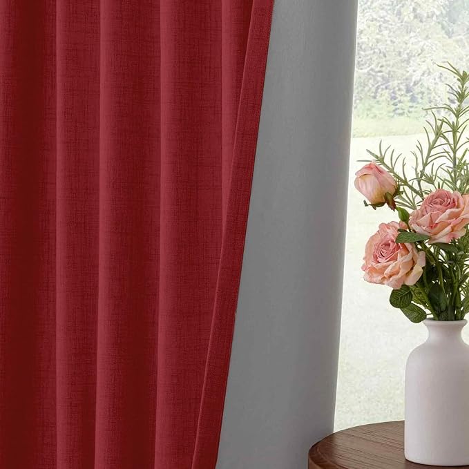 INOVADAY 100% Blackout Curtains 96 Inches Length 2 Panels Set, Back Tab/Rod Pocket Linen Black Out Curtains for Bedroom, Thermal Insulated Window Drapes - Ruby Red, W50 X L96