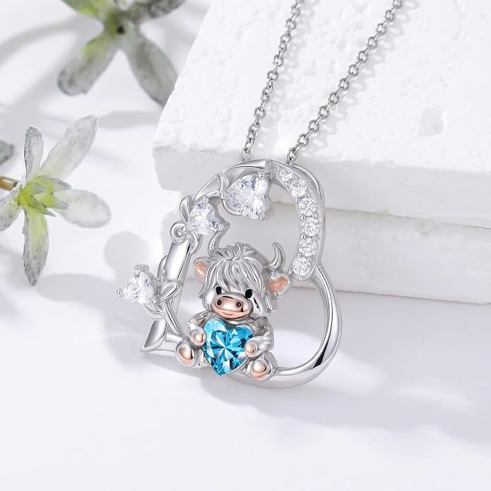 PELOVNY Teddy Bear Necklace for Women 925 Sterling Silver Bear/Highland Cow/Fox/Cat/Axolotl Birthstone Necklace Christmas Birthday Jewelry Gifts for Mom Daughter Wife Sister