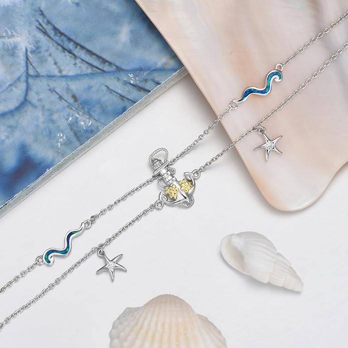 Dragonfly/Evil Eye/Hamsa Evil Eye/Lotus/Mushroom Anklet Bracelets for Women Sterling Silver Adjustable Double Layered Bracelet Anklet Mother's Day Jewelry Gifts Beach Jewelry