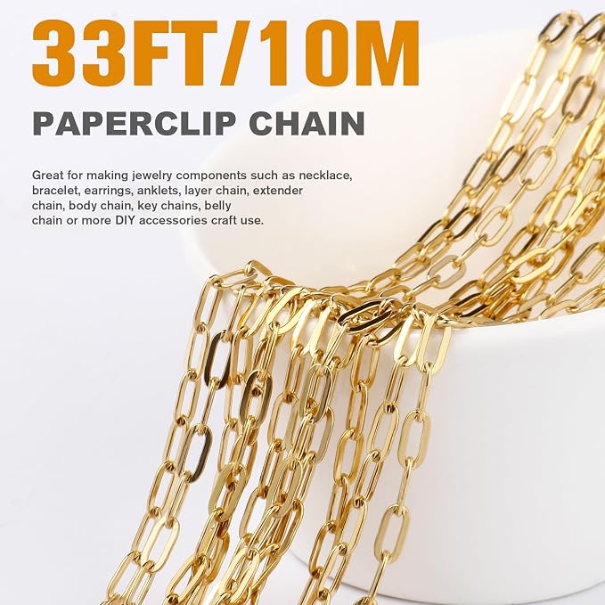 33FT 18K Gold PVD Plated Paperclip Chains Roll, 3.3mm Gold Stainless Steel Oval Link Chains Spool Bulk for DIY Jewelry Making Necklace Bracelet