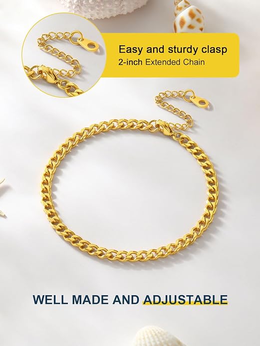 ChainsPro Resizable Anklet Chain for Women Men, Figaro/Wheat/Twist Rope/Cuban Foot Bracelet-Strong with Good Clasp-18K Gold Plated(Send Gift Box)