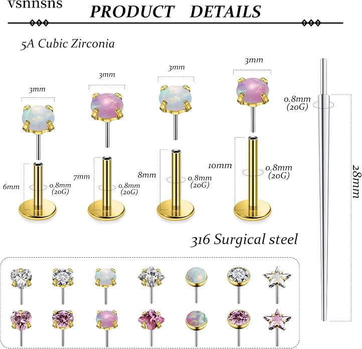 Vsnnsns 14K Gold Plated 16G 18G 20G Threadless Nose Rings Studs Flat Back Earrings Stainless Steel Tragus Helix Conch Earrings Stud Snake Bite Lip Rings Labret Medusa Piercing Jewelry for Women Men