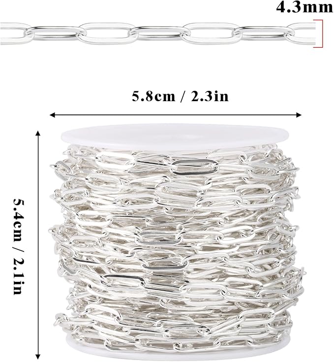 [16.5 Ft] Stainless Steel Paperclip Chains Roll, 4.3mm Width Silver Plated Stainless Steel Oval Link Chains Spool Bulk for Jewelry Making