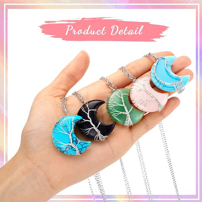 Sherr 15 Pcs Life Tree Crescent Moon Necklace Wire Wrap Natural Gemstones Pendant Healing Crystal Necklaces Reiki Spiritual Multicolored Jewelry Gift for Women