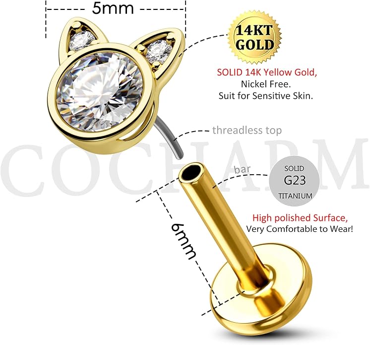 COCHARM 14K Gold Threadless Helix Cartilage Tragus Earring Stud, 16g Cat 14K Real Gold Tragus Labret Stud Flat Back, 14Kt Push Pin Helix Cartilage Piercing Jewelry