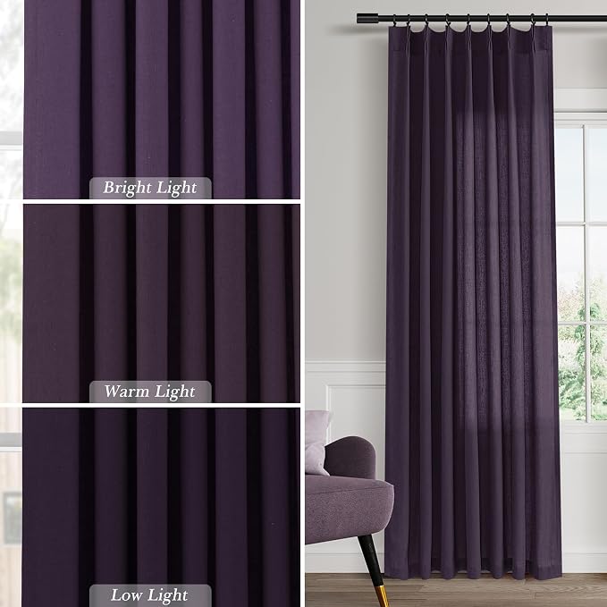 Aersas Plum Pinch Pleated Linen Curtains 63 Inch Length 2 Panels for Living Room Bedroom Semi Sheer Window Curtain Boho Neutral Back Tab Pinch Pleat Drape with Hooks 40x63
