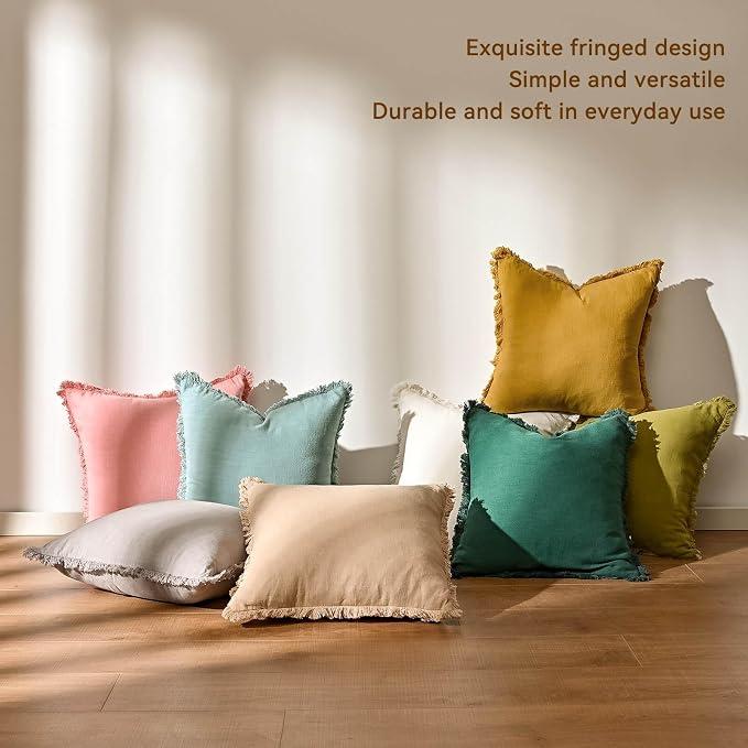 AmHoo Pack of 2 Linen Pillow Covers with Tassels Fringed Decorative Rustic Natural Throw Pillowcase Cushion for Couch Sofa Bedroom 24 x 24-Inch Off White