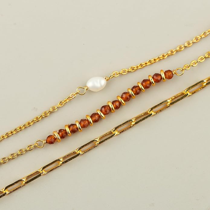 Beads With Pearl 3 Layered Necklaces for Women 14k Gold Plated Dainty Stackable Choker Necklaces for Women Trendy Layering, Cuban Link, Paperclip Chain, For Women Gifts