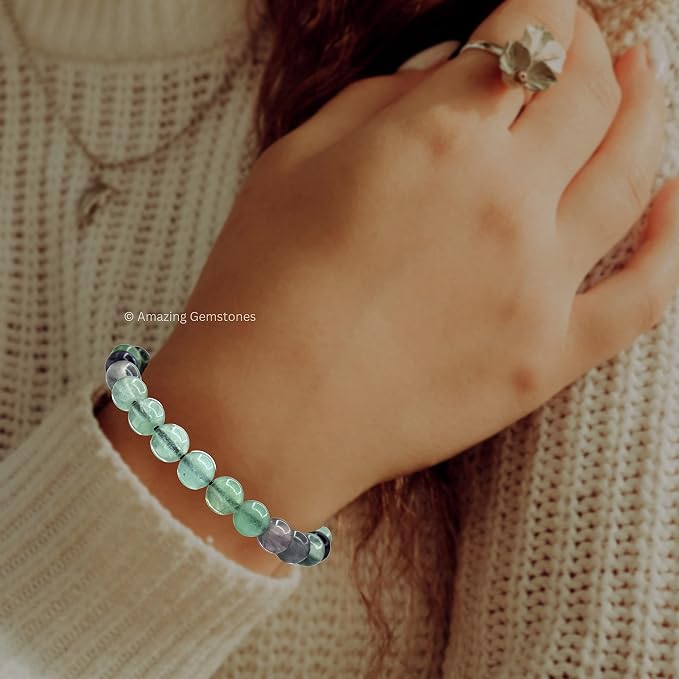 Amazing Gemstone Multi Fluorite Bracelet for Women Men's Gifts - Protection Healing Crystal Bracelet - 8mm Gemstones Beaded Adjustable Bracelet Pulseras para Hombres Mujer Stocking Stuffers