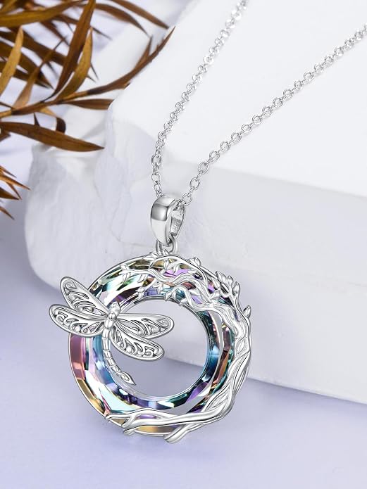 Dragonfly Necklace 925 Sterling Silver Dragonfly/Sunflower Bee Pendant Necklace Dragonfly with Blue Circle Crystal Dragonfly Jewelry Gifts as Holiday Christmas Gifts for Women