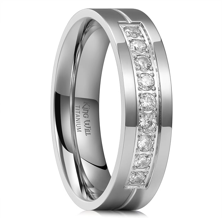 King Will Men's Titanium Wedding Band - 8mm Polished Band with Step Edges and Cross Design Featuring White Zirconia Insets Comfort Fit Size 7-14