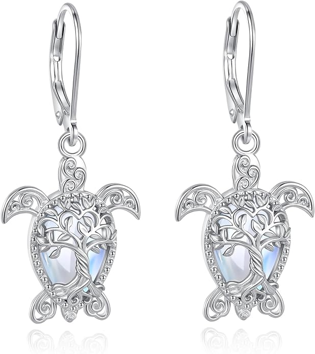 Vito 925 Sterling Silver Teardrop Earrings for Women, Moonstone Turquoise Drop Dangle Earrings Cat Snake Turtle Tree of Life Leverback Earrings Boho Jewelry Gift for Mom Wife