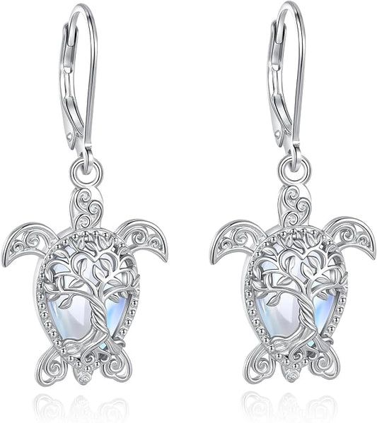 Vito 925 Sterling Silver Teardrop Earrings for Women, Moonstone Turquoise Drop Dangle Earrings Cat Snake Turtle Tree of Life Leverback Earrings Boho Jewelry Gift for Mom Wife