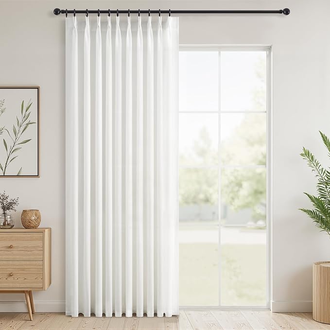 Topfinel 84 Inches Long Pinch Pleated Semi Sheer Curtains,White Linen Blended Light Filtering Window Curtains 108 Length for Living Room Bedroom Pinch Pleat Drapes with Hooks 1 Panels 60" Wx84 L