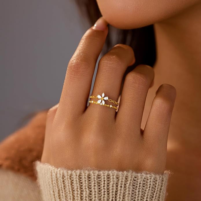 LOVECOM 925 Sterling Silver Butterfly Daisy Flower Rings for Women Mothers Self Love Ring for Myself Adjustable Gold Layered Colorful Opal Cubic Zirconia Stackable Ring Jewelry Gifts to Daughter