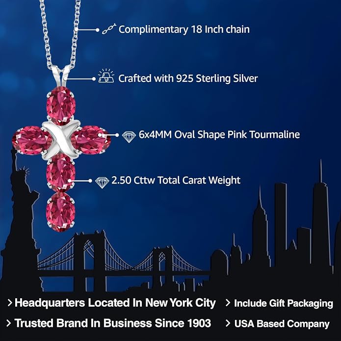 Gem Stone King Cross Pendant Necklace for Women | 925 Sterling Silver | 6X4MM Gemstone Birthstone | Jesus Christian Religious Crucifix Jewelry Gifts | 18 Inch Chain