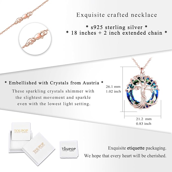 TOUPOP Tree of Life Necklace Gifts for Women 925 Sterling Silver Family Tree Pendant with Crystal Birthday Irish Jewelry Gifts for Women Her Wife Mom