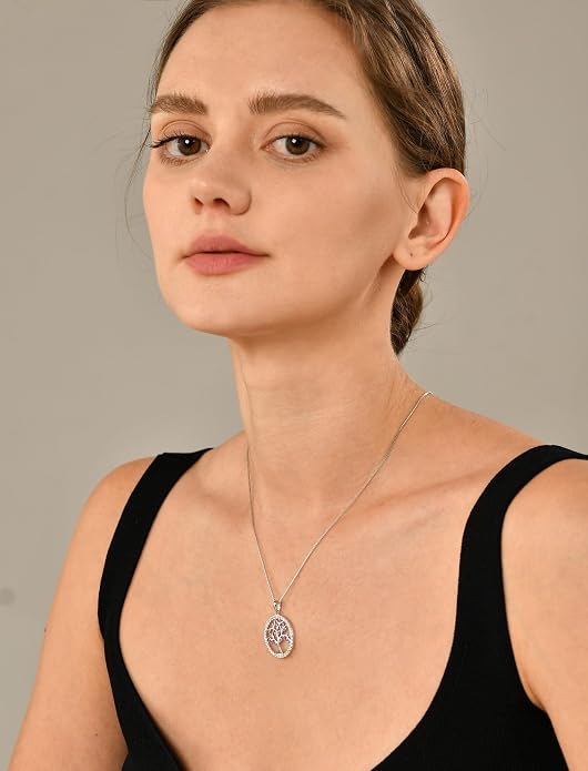 YL Tree of Life Necklace Sterling Silver Tree Pendant Created Amethyst Round Halo Jewelry for Women