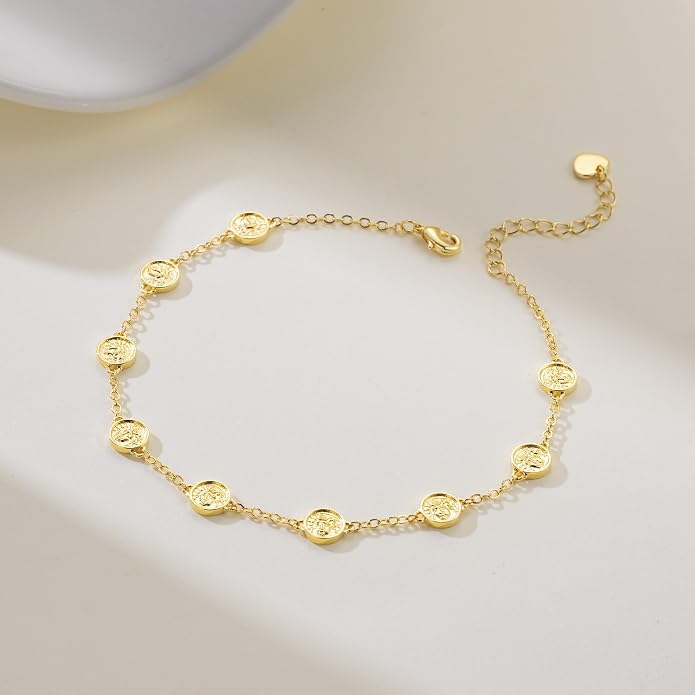 14K Gold Anklets for Women Gold Ankle Bracelets for Women Beach Anklets Romance on Coin Portrait Relief Dainty Coin Anklet for Womens Ankle Bracelets With Adjustable Size (9.4-11) in