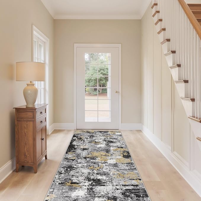Abstract 2x8 Runner Rug: Machine Washable Non Slip Ultra Thin Low-Pile Carpet, Soft Stain Resistant for Hallway Kitchen Bathroom, Kid Pet Friendly, Robot Vacuum Compatible - Black Gold