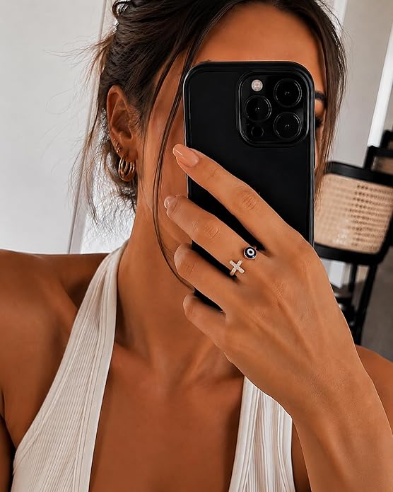 Adjustable Evil Eye Ring Silver Dainty Open Adjustable Rings Cross Evil Eye Jewelry for Women Energy Protection Ring