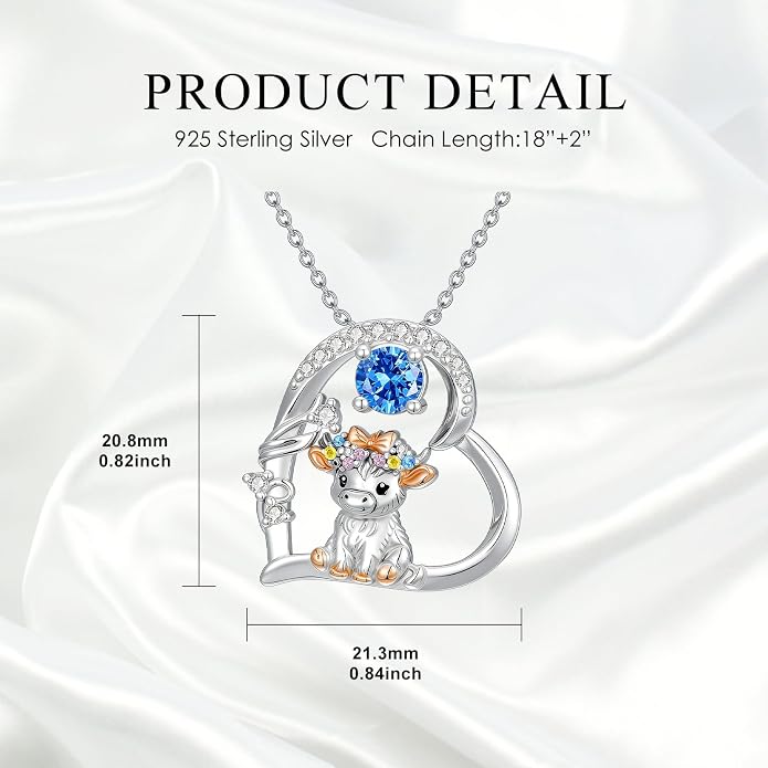 Highland Cow Gifts for Women 925 Sterling Silver Highland Cow Birthstone Necklace Fluffy Cow Jewelry Gifts Birthday Christmas