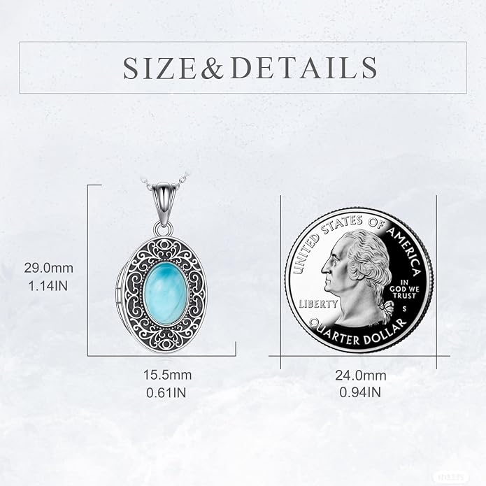 CRMAD Opal/Moonstone/Turquoise Locket Necklace for Women Sterling Silver Oval-Shaped Opal Locket Pendant Holds Pictures Always with You Vintage Style Photos Locket Jewelry Gifts for Loved One