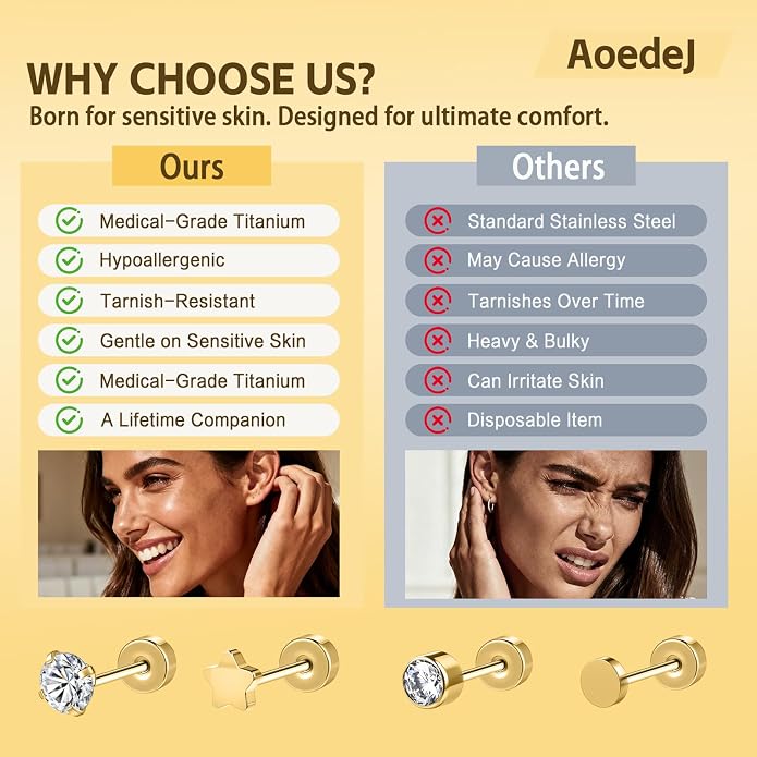 Aoedej 6Pairs G23 Titanium Flat Back Stud Earrings Hypoallergenic CZ Heart Stars Ball Cartilage Earring Studs for Women Men Helix Tragus Conch Helix Piercing Jewelry Gift