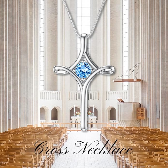 TOUPOP Cross Necklace for Women 925 Sterling Silver Birthstone Cross Pendant Fine Jewelry Anniversary Birthday Mothers Day Gifts for Mom Wife Her
