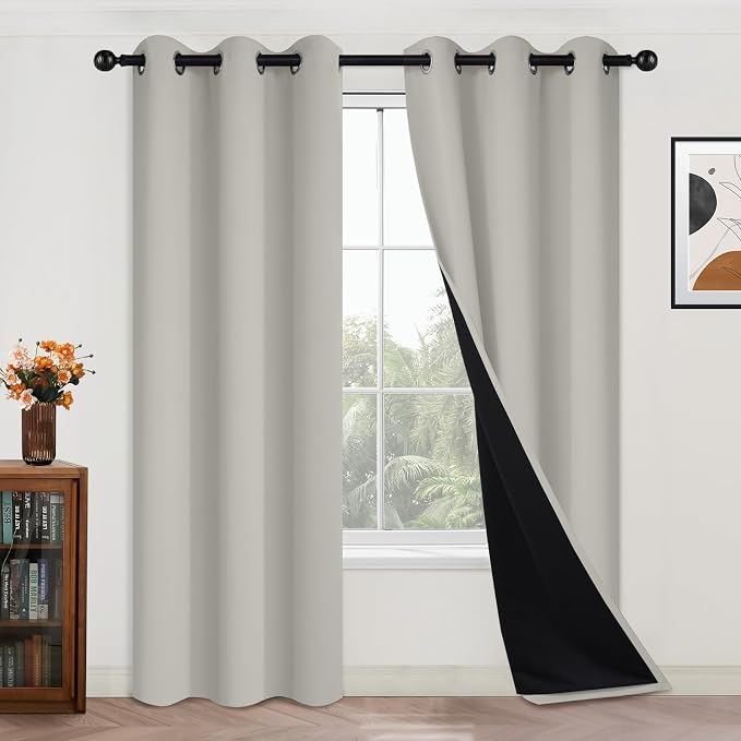 Yakamok Cream Beige 100% Blackout Curtains 84 Inches Long 42" Wide 2 Panels | Blackout Curtain Panels for Bedroom, 2 Thick Layers Grommet Top Thermal Insulated Drapes with Black Liner for Living Room