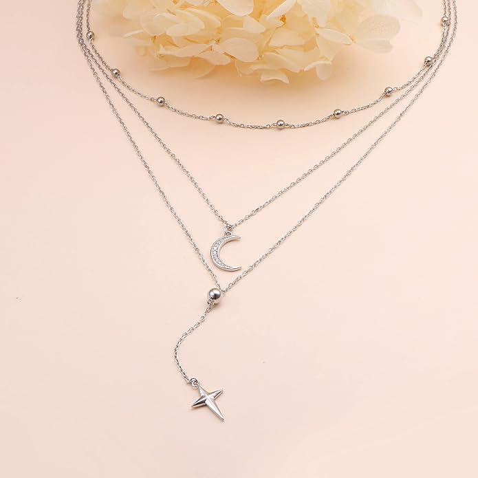 Layered Choker Necklaces for Women S925 Sterling Silver Circle/Heart/Cross/Star Multi Layered Necklace Handmade Bead Chain Adjustable Jewelry for Birthday