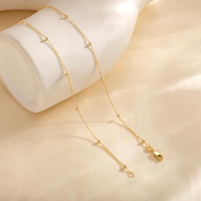 Carffordo 925 Sterling Silver Chain Necklace 16K Gold Plated Beaded Chain Necklace for Women Simple Dainty Choker Necklace Satellite Waterproof Link Necklace Trendy Jewelry Gifts