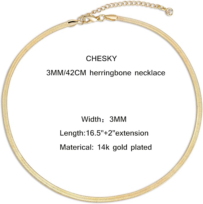CHESKY Gold Necklace for Women-14K Plated/S925 sterling silver Snake Chain Necklace Dainty Simple Chunky Herringbone Necklace Gold Choker Necklaces Jewelry for Women Mothers Day Gifts for Mom