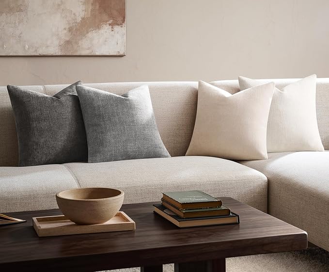 Pack of 4 Throw Pillow Covers 22x22 Inch Chenille Textured Neutral Grey Soft Pillow Covers Solid Decorative Farmhouse Cushion Covers Home Boho Decor for Couch Sofa Bed Living Room