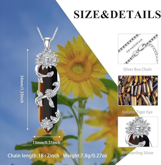 Healing Crystal Necklace 925 Sterling Silver Sunflower/Tree of Life Wrapped Pendant Reiki Energy Jewelry for Women