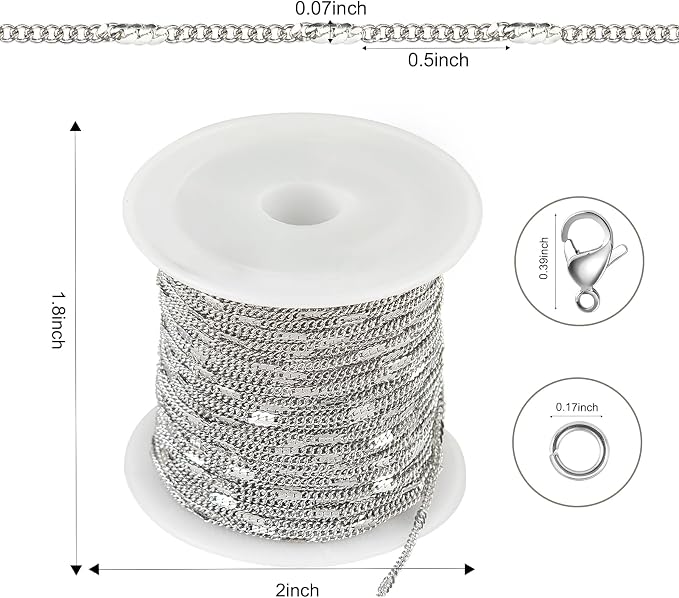 Kyutong 10M Stainless Steel Chain for Jewelry Making Thin Curb Silver Chains for Necklace Bracelet Making Supply Jewelry Findings