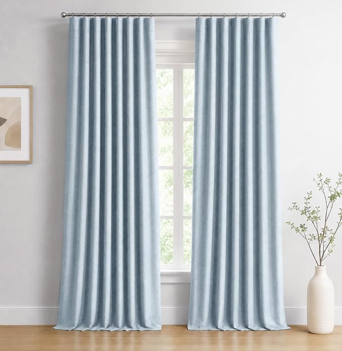 INOVADAY 100% Blackout Curtains for Bedroom, Chambray Blue Black Out Curtains 90 Inch Long, Clip Rings Linen Blackout Drapes, Thermal Insulated Room Darkening for Living Room, 2 Panels - W50xL90
